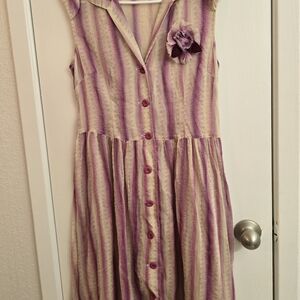 Sleeveless Purple & Cream Striped Girls Dress with Floral Accent